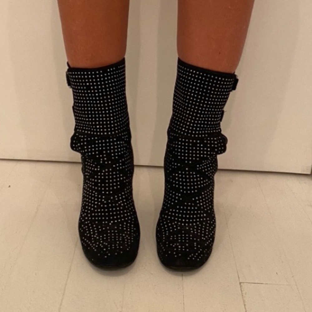Laurence Dacade Rhinestone Suede Moto Booties
